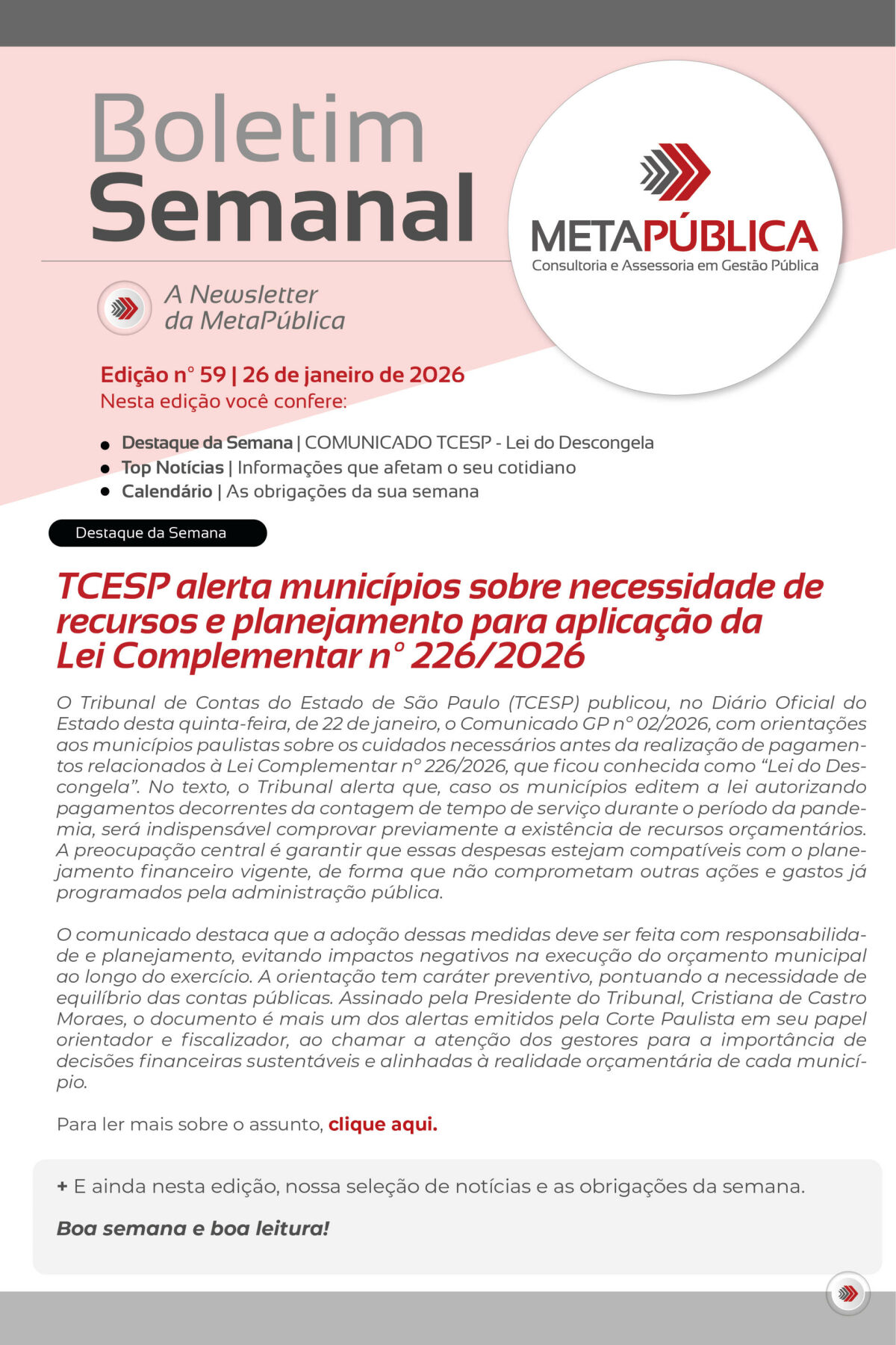 Imagem principal de BOLETIM SEMANAL Nº 59 - 26 DE JANEIRO DE 2026